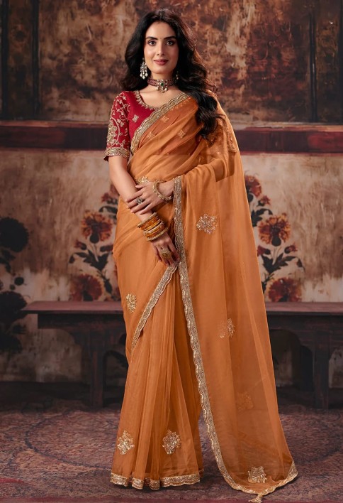 Orange & Red Designer Style Festive Wear Saree